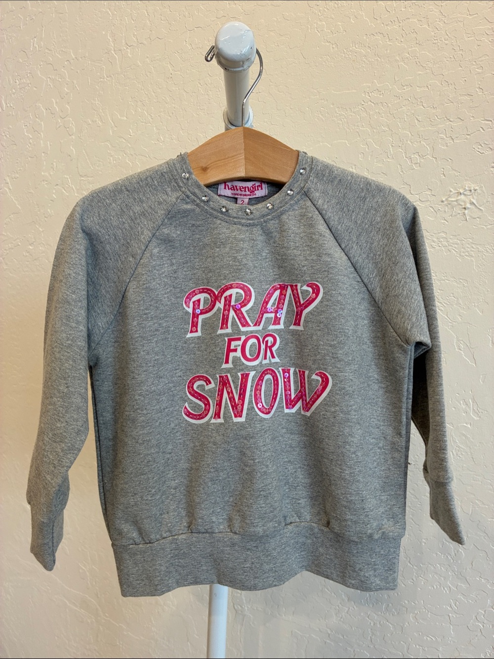 Haven Girl Crewneck Sweater with Pink 'Pray for Snow' Graphic
